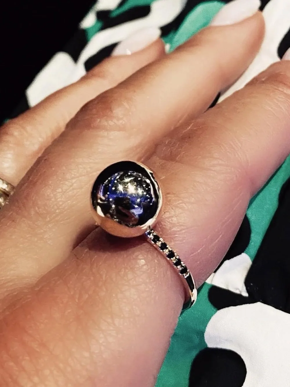 Emma Israelsson Globe Ball Sterling Silver Ring Black Stones Size 5.5